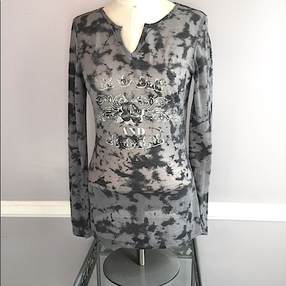 INC sheer gray tie dye V neck top with silver Rock and Roll print on front M